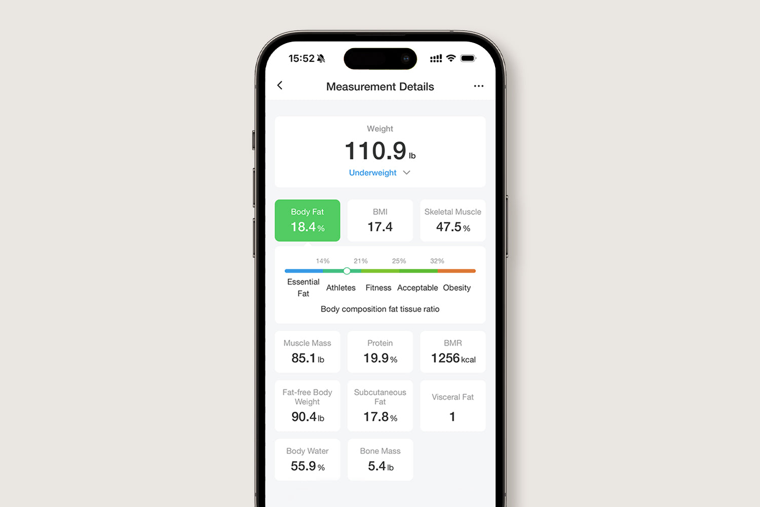 Screenshot of Arboleaf app detailed weight tracking interface