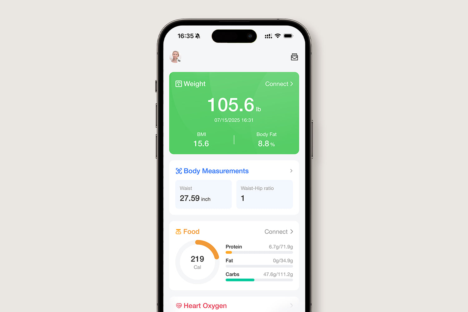Arboleaf app weight tracking page showing user’s weight data
