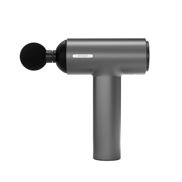 A portable Arboleaf massage gun with an ergonomic T-shaped handle, displaying a single massage head attached to the end. The body of the device is sleek, in a dark color, consistent with a modern and minimalistic design.
