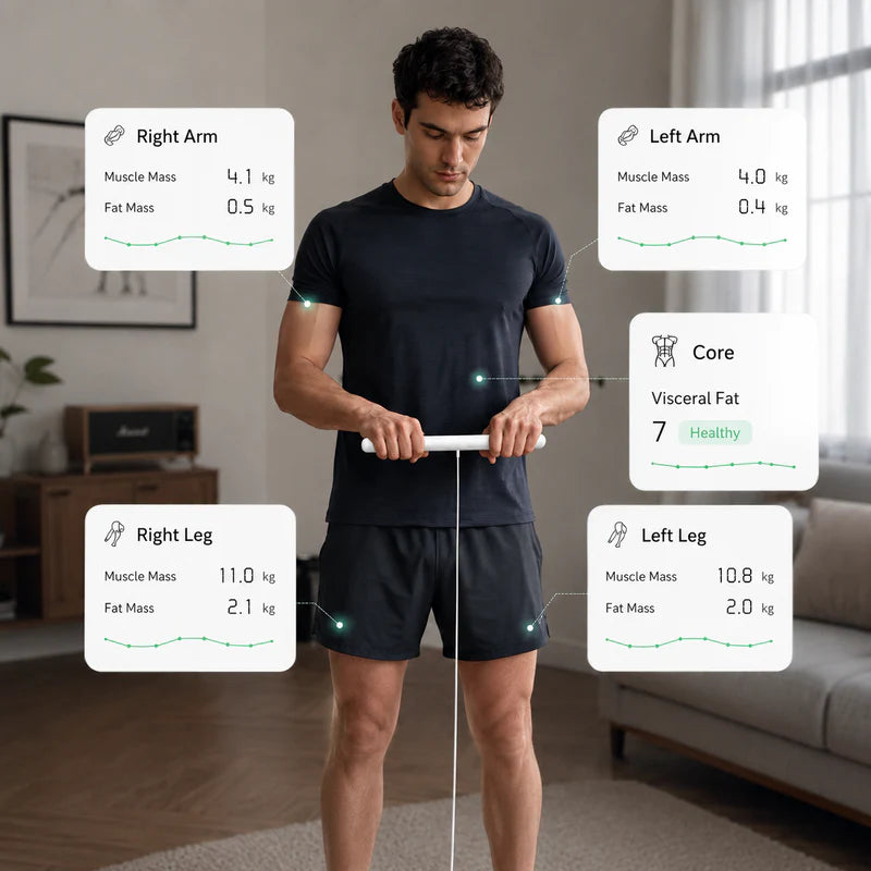 Man using a fitness device with digital overlays showing body measurements in a living room.