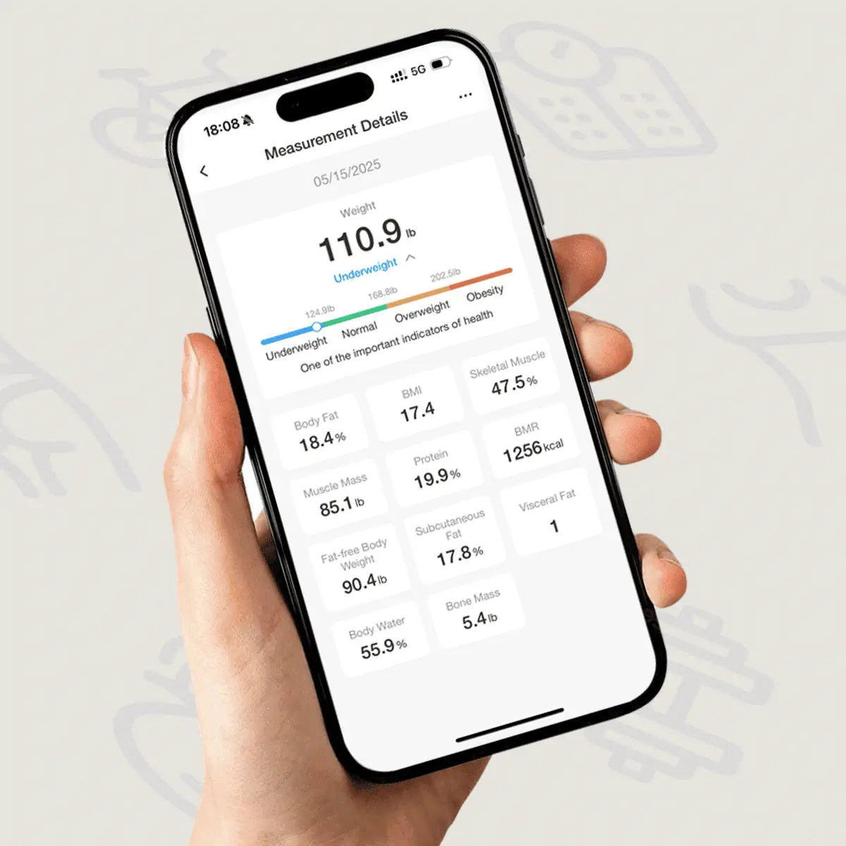 Arboleaf app displaying detailed 14 health metrics