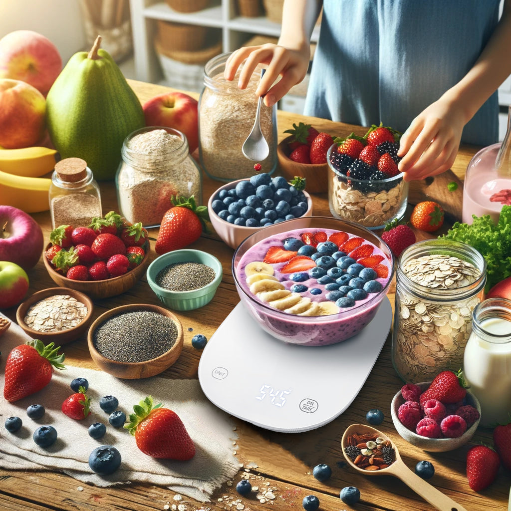 A child prepares a berry smoothie bowl, garnished with blueberries, strawberries, and bananas, beside ingredients for overnight oats and the sleek arboleaf Food Scale CK10G, symbolizing healthy family eating.