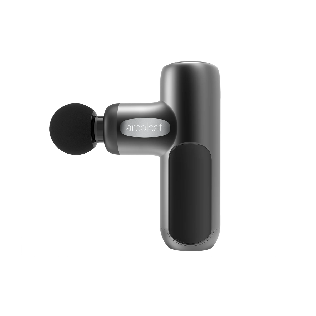 A handheld electric massager with a black color scheme, featuring a rounded head and a grip handle with a button on the side.