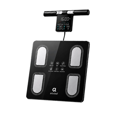 Black body fat scale with digital display on a transparent background