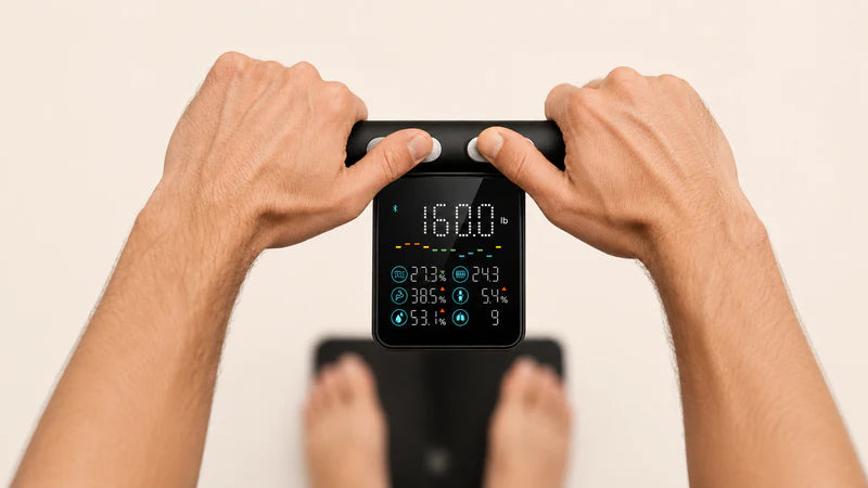 Digital thermometer held by hands with a plain background