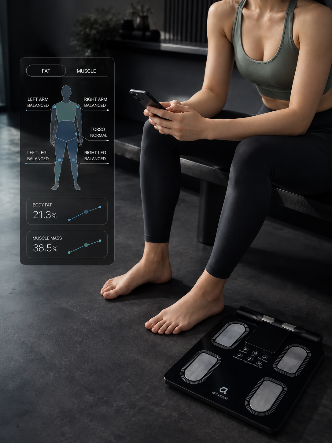 Japanese woman viewing body composition results beside an Arboleaf smart scale