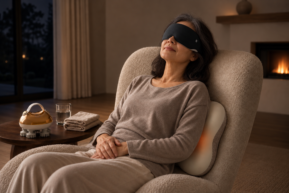 Older Japanese woman relaxing with an Arboleaf eye massager