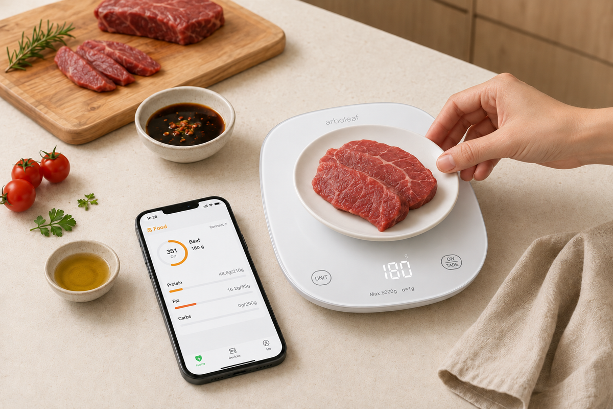 Japanese adult preparing food with an Arboleaf kitchen scale