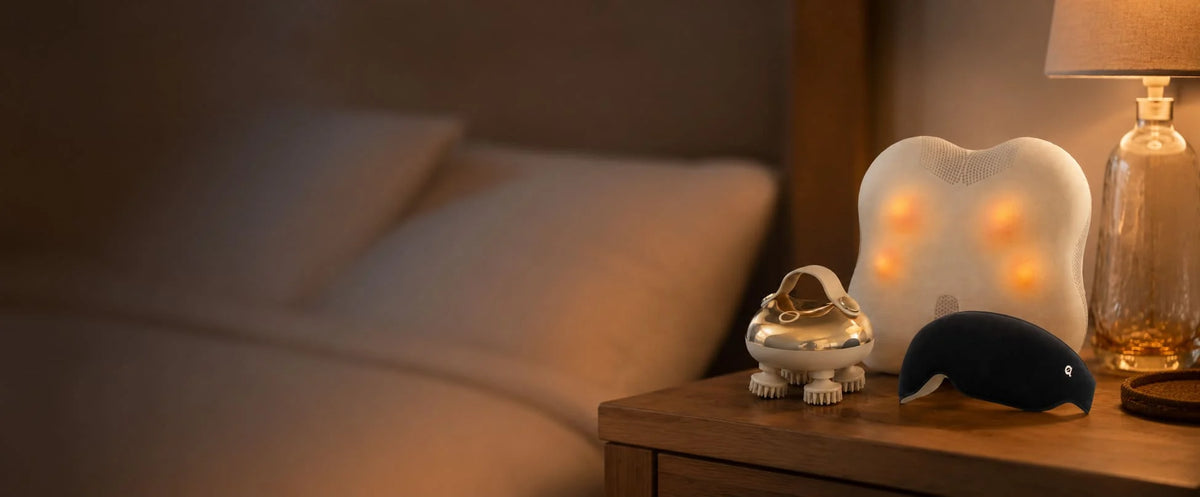 Decorative items on a bedside table with a warm glow