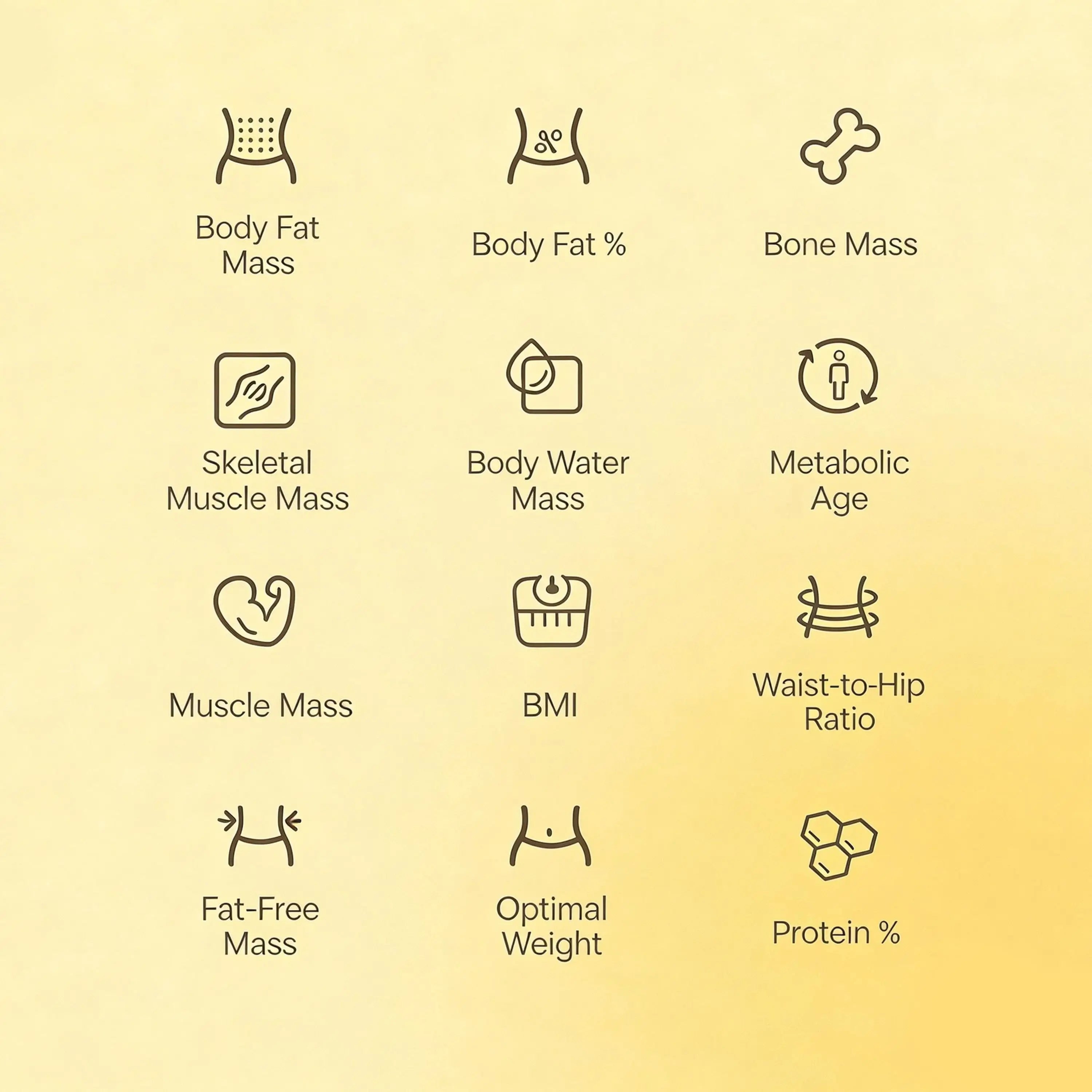 Arboleaf app showing 12 key health and body composition metrics