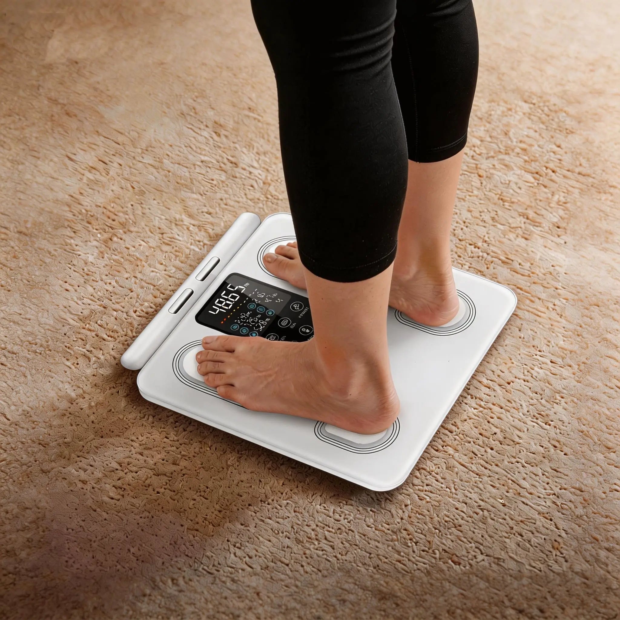 woman using Arboleaf CS10E smart body fat scale to measure weight
